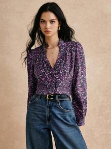 Poéselle Blouse moderne à imprimé rétro avec col en V profond pour femmes
