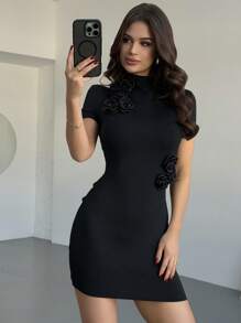 Firerie Women's Elegant Minimalist Everyday Casual Wear Black Floral 3D Decor Short Sleeve Stand Collar Slim Fit Mini Dress - Black - View 7