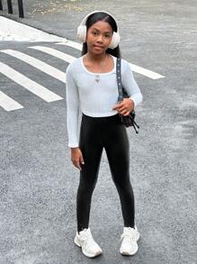 SHEIN Tween Girl Sports Casual PU Leather Elastic Leggings - Black - View 3