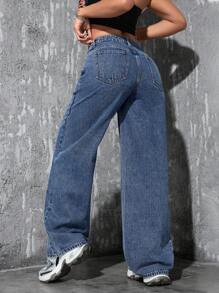 SHEIN PETITE Jeans rectos de ajuste relajado lavados de manera informal