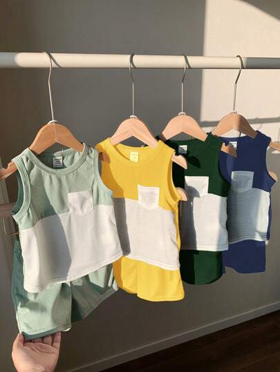 SHEIN 8 件套男婴夏季撞色针织柔软圆领无袖上衣和松紧腰短裤套装，百搭舒适休闲装，适合学校、家居、户外穿着