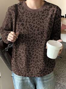 DAZY Women's Leopard Print Round Neck Loose Casual Long Sleeve T-Shirt,Fall Clothes