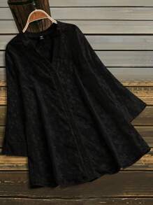 SHEIN LUNE 女士大码刺绣衬衫领 3/4 袖休闲开衫，优雅通勤风格，春夏秋季 - 黑色 - 查看 1