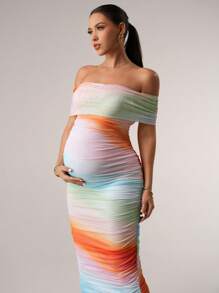 MaterniChic Váy lưới hở vai ombre thanh lịch cho bà bầu, trang phục mùa hè cho tiệc mừng em bé, váy màu pastel, váy bầu - Nhiều màu - Xem 3