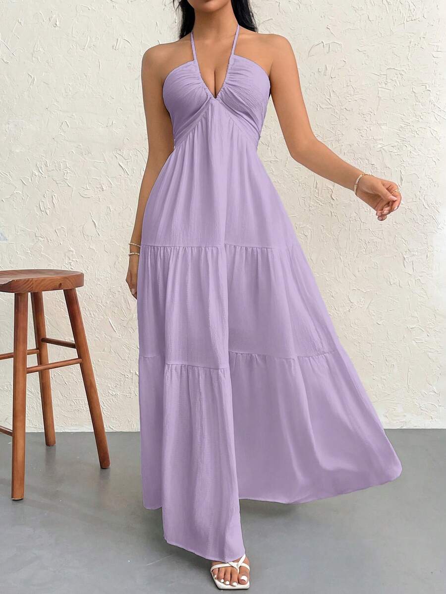 Firerie Women's Chiffon Halter Backless Dress With Tie Back, Suitable For Holiday, Wedding, Ceremony - Violet Purple - View 1