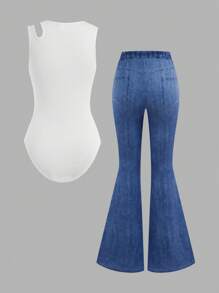 2Pcs/Set For Teen Girl,White Hollow Sleeveless Bodysuit And Flared Long Pants,90s Summer Casual Clothes Suitable For Holiday,School And Outdoor - Multicolor - View 2
