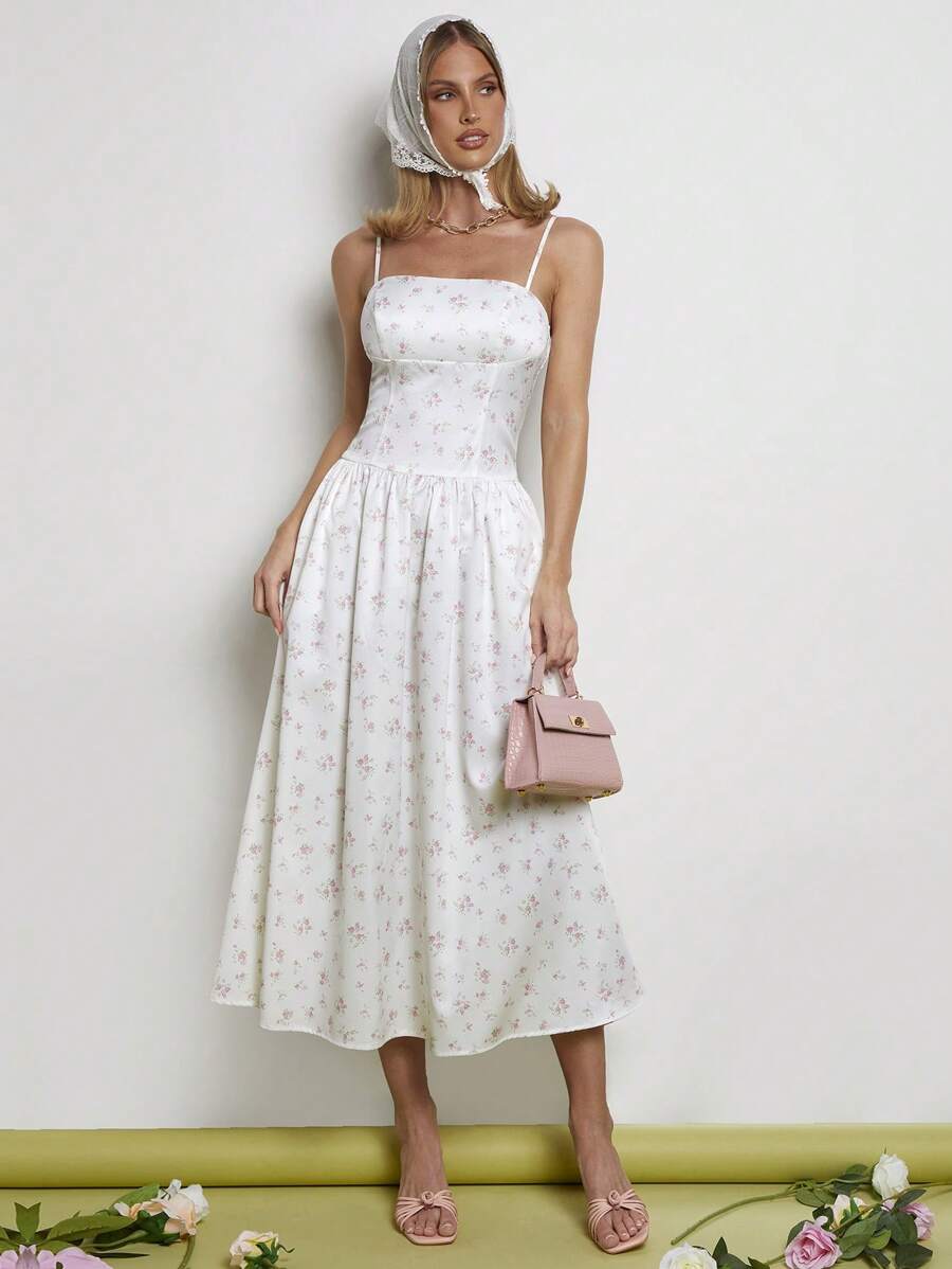 COSMINA Vestido deslizante largo con estampado floral pequeño y elegante para mujeres, primavera/verano - Blanco - Ver 1