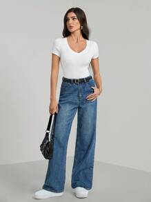 SHEIN Tall Casual Deep V-Neck Grey Bodysuit With Short Sleeves - White - View 3