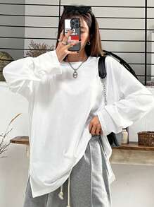DAZY Solid Drop Shoulder Split Hem Tee,Fall Clothes Long Sleeve Women Tops - White - View 6