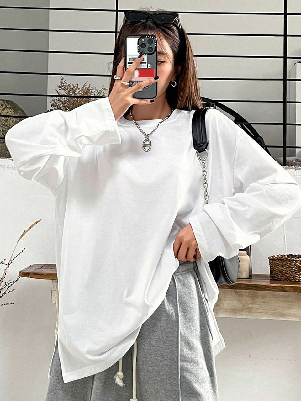Solid Drop Shoulder Split Hem Tee,Fall Clothes Long Sleeve Women Tops