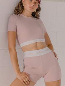 Aralina Women Letter Print Short Sleeve Crop Top And Shorts Sports Set - Pink - View 1