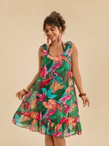 Travachic Plus Size Women Vacation Casual Tropical Plant Print Green Beach Cover Up Twist Shoulder Loose Dress, Summer Country Concert Outfit, Beach Dress, Holiday Clothes, Vacation Outfits Woman, Festival