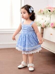 Cute Blue Embroidered Contrast Lace Sleeveless Dress, For Baby Girls, Summer - Blue - View 1