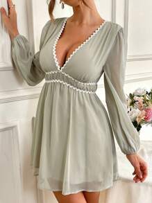 SHEIN VCAY 女式夏季度假风雪纺灯笼袖 A 字迷你连衣裙 - 綠色 - 查看 5