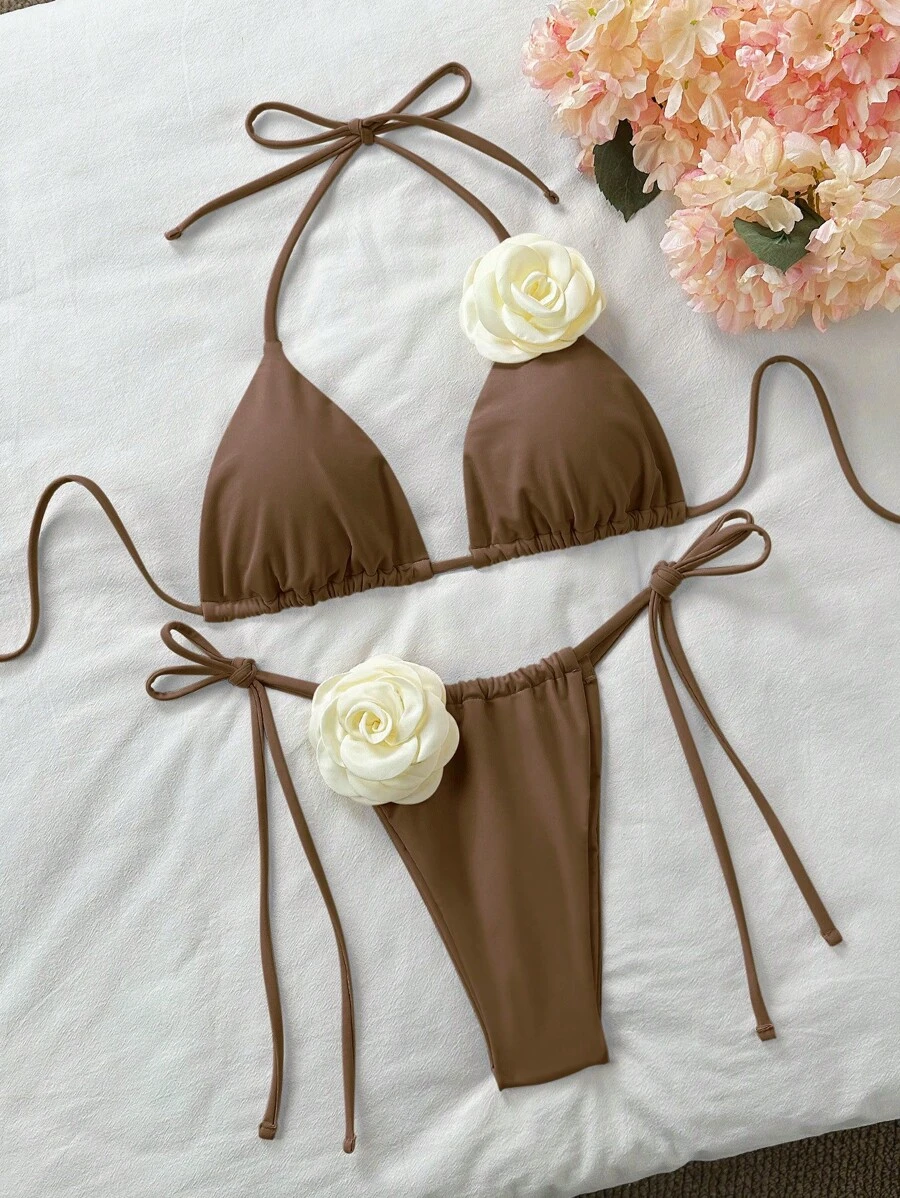 Swim Chiccia Women's Summer Beach 3D Floral Decor Halter Tie Sexy Bikini Two Pieces Swimwear Set - Brown - View 1