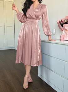 DAZY Women's Solid Color V-Neck Ruffle Hem Midi Dress Prom Dress Elegant,Formal Women Dresses,Fall Dress Long Sleeve Dress - Pink - View 4