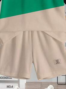 SHEIN Boy's Casual Stylish Geometric Split Patchwork Pattern, Iconic Logo Print Round Neck Short Sleeve Shorts 2pcs Set, Suitable For Summer