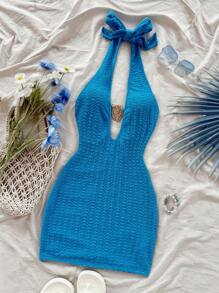 Soleia Nuevo mini vestido con textura, diseño de escote halter, espalda descubierta y cordones, con decoración de metal