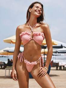 SHEIN Swim 2 pezzi Set di bikini con halter a fiori in pizzo per donne