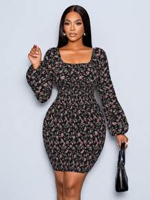 SHEIN LUNE Allover Floral Shirred Bodycon Dress - Multicolor - View 6