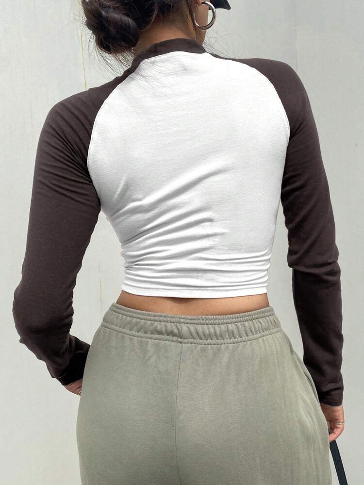 Women's Contrast Color Letter Print Raglan Long Sleeve T-Shirt, Spring And Summer