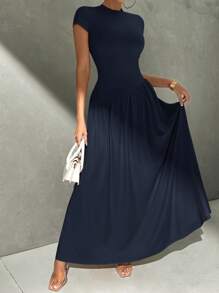 Firerie Minimalistisch Elegant Dagelijks Draagbaar Uniek Effen Kleur Korte Mouw Getailleerde Staande Kraag Asymmetrische A-lijn Taille Lange Jurk