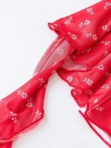 SHEIN LUNE 加大码浪漫碎花印花雪纺不对称荷叶边下摆细肩带夏季束腰吊带背心 - 紅色 - 查看 4