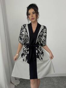 Chiquease Vestido corto mini estampado con manga corta, cuello en V y cintura anudada, en colores negro y albaricoque, para primavera/verano