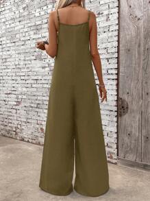SHEIN LUNE Solid Color Adjustable Strap Pocket Jumpsuit, Suitable For Daily Wear - Khaki - View 2