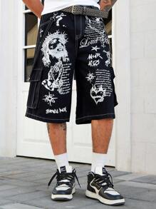 ROMWE MEN Street Life Men's Gothic Figure & Slogan Print Casual Cargo Capri Shorts, Halloween - Black - View 5