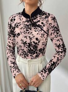 SHEIN Privé Women's Elegant Stand Collar Asymmetrical Button Front Sheer Long Sleeve Blouse - Baby Pink - View 4