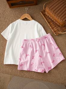 SHEIN 2pcs Vintage Cherry Pink Striped, BM Style, Tween Girls Casual Minimalist Short Sleeve Top And Shorts Set, Summer - Multicolor - View 2