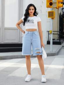 SHEIN Essnce Women's Pocket Ripped Raw Hem Casual Denim Shorts - Light Wash - View 4