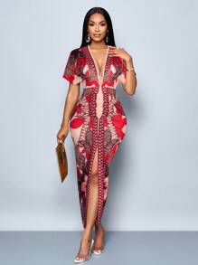 SOLERSUN 女士优雅链条印花开衩大腿紧身连衣裙，性感深 V 领，高腰印花蝙蝠袖连衣裙 - 紅色 - 查看 6