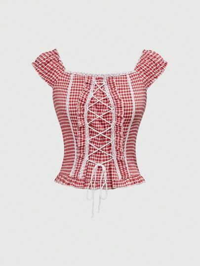 Kawaii Plaid Drawstring Waist Women Blouse, Summer