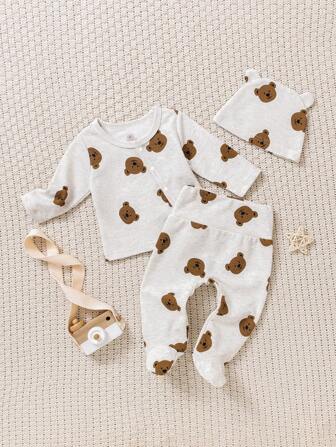 SHEIN 3 stuks/set pasgeboren baby unisex slangenhuid print lange mouwen shirt en voetbroek met hoed winteroutfit
