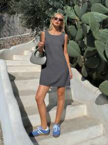 SHEIN EZwear 女士灰色编织无袖休闲露背连衣裙 - 深灰色 - 查看 4