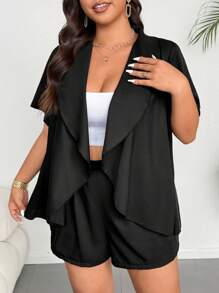 Flirla Plus Size Women Solid Collarless Short Sleeve Jacket And Shorts Casual Suit Set - Black - View 5