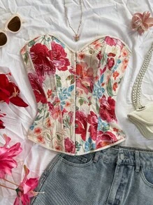 Soleia Parte superior tipo corsé de estilo retro palaciego con estampado floral jacquard de colores, con botones y lazo en la espalda, para mujer, ideal para bodas, vacaciones, salidas, festivales, cruceros, cumpleaños, etc.