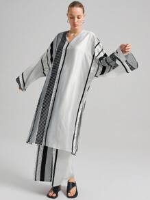 Ontre 女式宽松条纹图案印花上衣，休闲时尚，舒适夏日，适合海岛度假，简约拼色几何印花 - 黑與白 - 查看 6