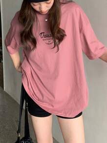 DAZY Women's Drop Shoulder Slogan Printed T-Shirt Thousand MASTERPIECES OF LABORER Summer Oversized T-Shirt Preppy Tops - Pink - View 5