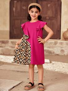 SHEIN Đầm ôm cổ tròn họa tiết hình học dệt kim thời trang cho bé gái - Màu Hồng Tươi - Xem 3