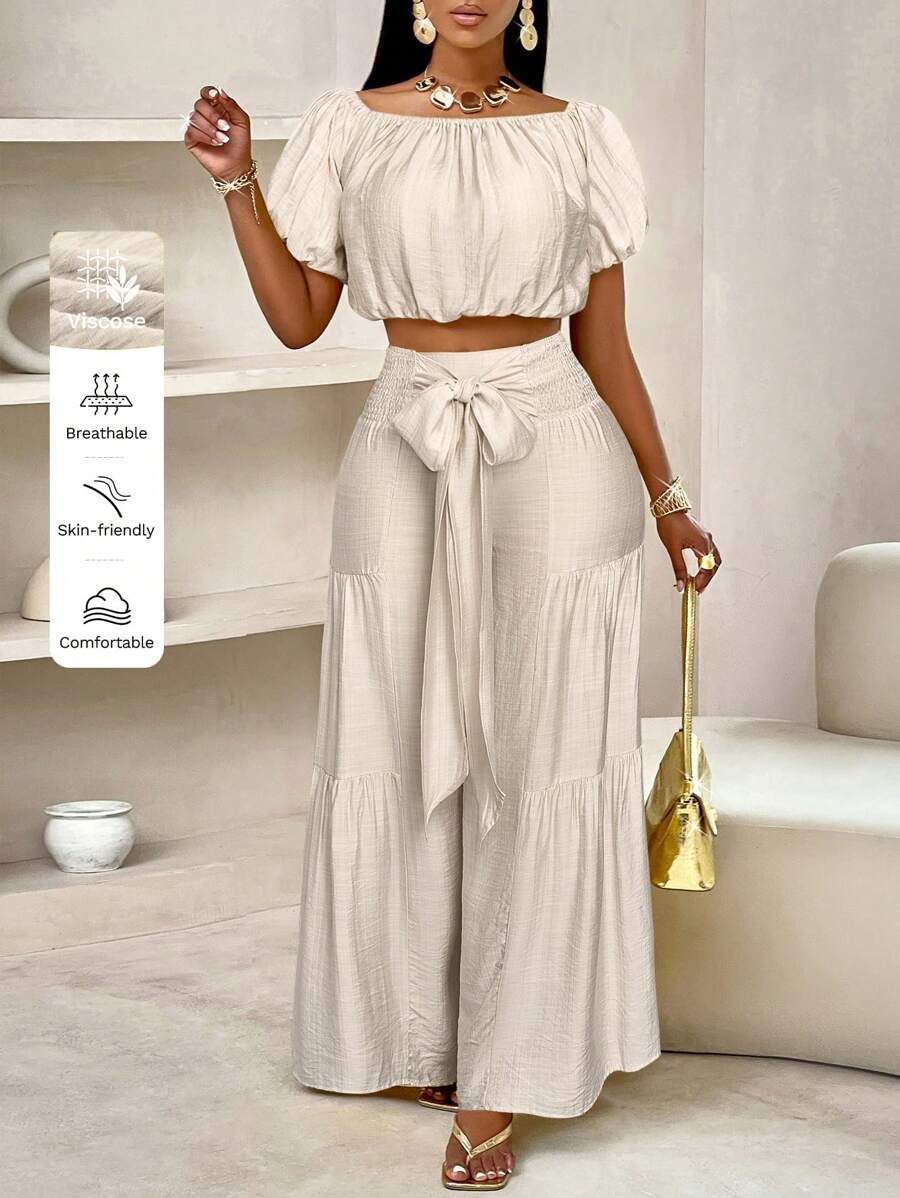 SOLERSUN Summer Beach Vacation Style One-Shoulder Puff-Sleeved Ruffled Strapless Crop Top & Wide Leg Pants Set For Summer - White - View 1