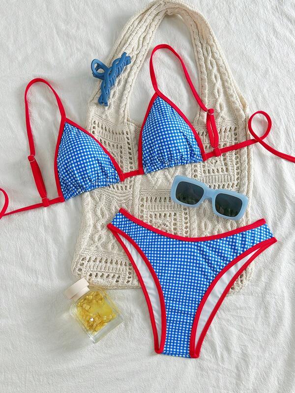 Swim Mod 2pcs/Set Springbreak Checkered Print Contrast Trim Triangle Top And High Cut Swim Shorts Cute Bikini Set, Summer