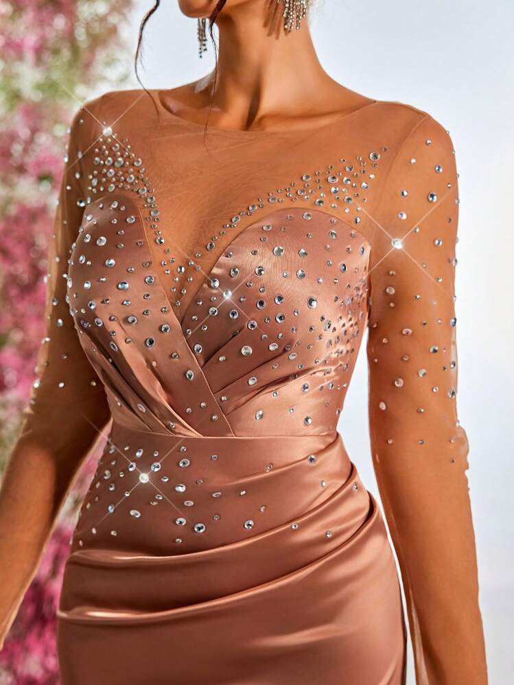 Glamrae 优雅、华丽、浪漫的香槟色奢华烫钻透视长袖修身鱼尾下摆连衣裙适合晚餐单身派对约会度假返校季生日派对婚礼活动晚礼服（重磅款）、婚礼宾客礼服、礼服、长袍 - 香檳色 - 查看 3