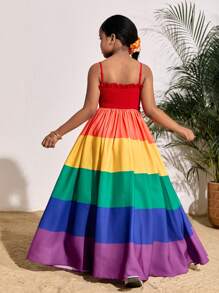 SHEIN Vestido corte A con bloques de color y empalmes para niñas preadolescentes, adecuado para vacaciones de verano y la playa
