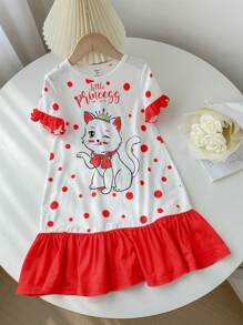 SHEIN Camisón informal y lindo con mangas cortas con volantes, diseño de dibujos animados y contraste de colores para niñas jóvenes