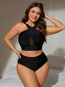 Swim Lushoire Elegant Vacation Cross Neck Adjustable Mesh Splicing Plus Size Swimwear Set - Black - View 4