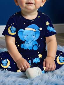 SHEIN Baby Boy Casual Cute Elephant & Moon Pattern Slim Fit Round Neck Comfy Short Sleeve Pants Set, Snug Fit For Spring/Summer - Multicolor - View 5