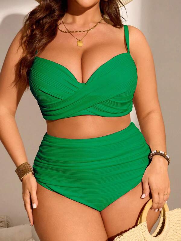 SHEIN Swim Curve Plus Size Women 2pcs Solid Color Splicing Gathered Tankini Swimwear Set Vacation Outfit